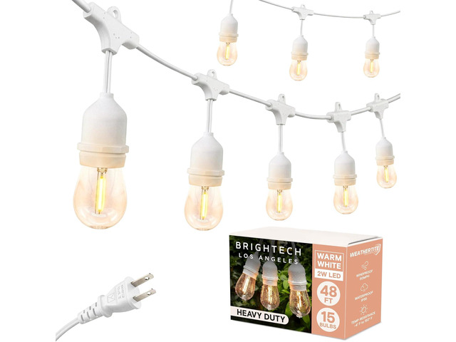 Brightech Ambience Pro Waterproof LED Outdoor String Lights, 48 Ft, Hanging, Dimmable Vintage Edison Bulbs, 15 Bulbs, 2W