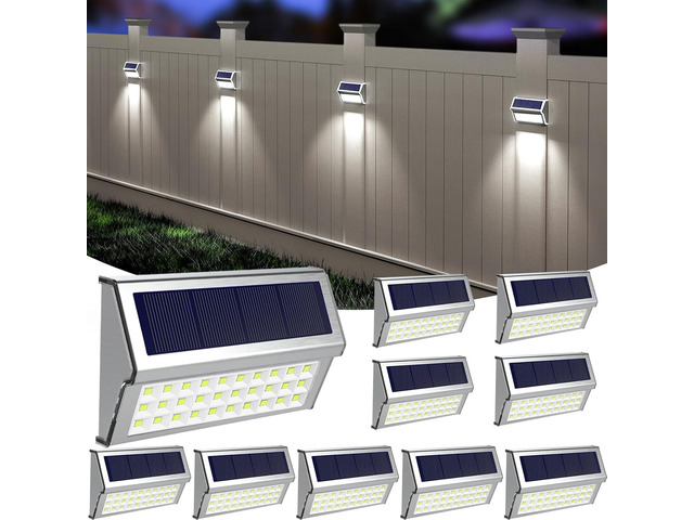 ROSHWEY Solar Lights Outdoor, 10 Pack 30 LED Fence Lights Waterproof Solar Powered Deck Post Lamps Stainless Steel Outside Step Lighting for...