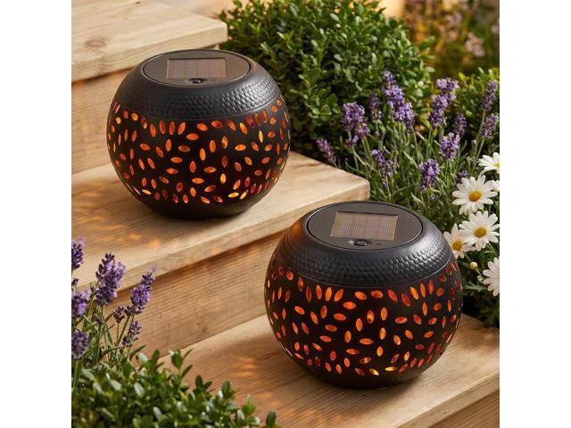 Solar Table Lanterns Outdoor Waterproof- 2 Pack Dancing Flickering Flame Solar Lights,Black Metal Desktop Decorative Lamps for Gifts for Women Mom.