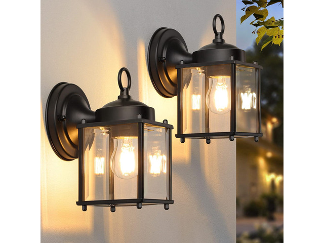 MATAMEYE Outdoor Wall Lantern, Exterior Waterproof Wall Sconce Light Fixtures, Black Front Door Wall Lighting with Clear Beveled Glass Shade, 2 Pack