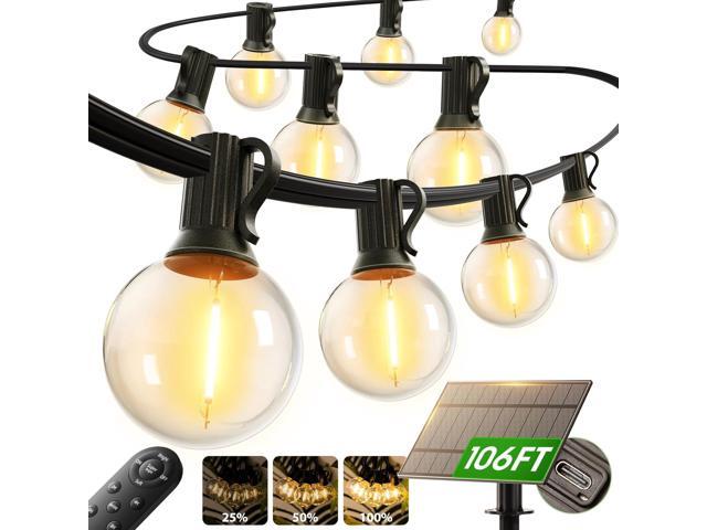 addlon 100FT Solar String Lights Outdoor with Remote, 54 LED Shatterproof Bulbs, USB Charging, 20+ Hour Runtime, Dimmable & Timable, G40 Waterproof.