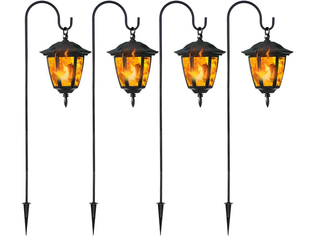 Dynaming 4 Pack Solar Flame Hanging Lights Outdoor, Halloween Solar Flickering Flame LED Garden Lanterns with 4 x 38 Inch Shepherd Hooks, Christmas...