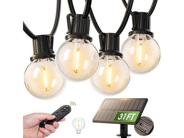 addlon 31FT (25+6) Solar String Lights with Remote, 13 Shatterproof G40 Bulbs, Solar Powered & USB Charging Patio Lights, Dimmable Waterproof Solar.