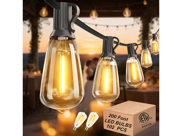 DAMAING Outdoor String Lights 200 FT Waterproof Patio Lights with 102 ST38 Shatterproof LED Bulbs, Dimmable Vintage Edison String Lights for...