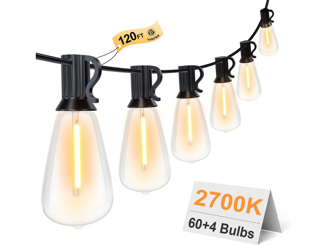 GPATIO 120FT Outdoor String Lights, Waterproof Patio Lights with 64 Hanging Lights ST38 Bulbs, 2700k Shatterproof for Backyard Gazebo Porch Garden...
