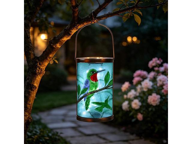 Hanging Solar Lantern Outdoor Waterproof Hummingbird Solar Lights Glass Tabletop Decorative Lamp for Outdoor Patio Garden Outside Yard Decor
