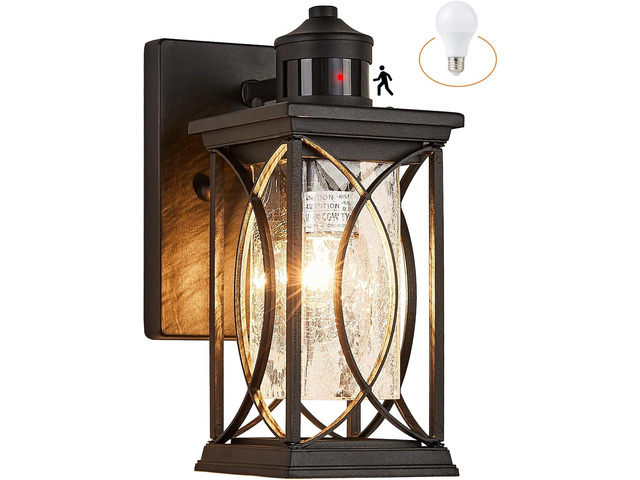 Motion Sensor Outdoor Wall Light with Dimmable Bulb, Modern Dusk to Dawn Exterior Light Fixture Wall Mount Porch Light Black with Crack-Like Glass...