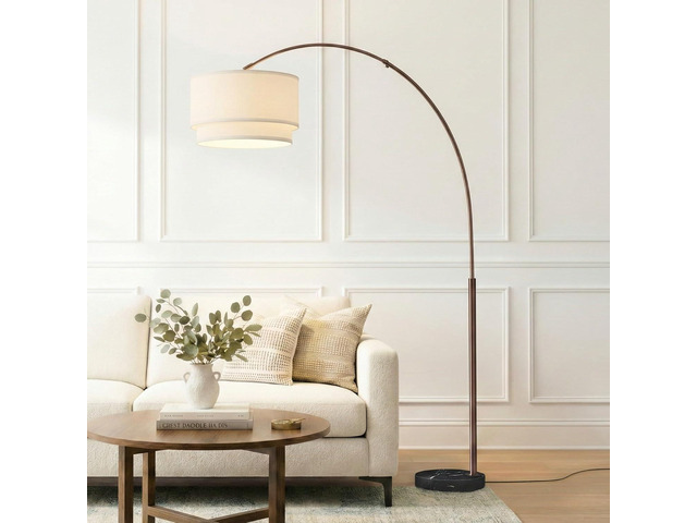 Brightech Mason Arc Floor Lamp - Modern Corner Standing Lamp with Unique Hanging Drum Lamp Shade for Living Room - Bright Overhead, Curved Hanging...