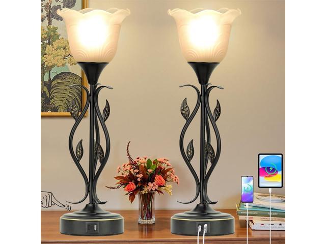 Bedside Lamps Set of 2, Table Lamp with USB Port 3 Way Dimmable Touch lamp Torchiere Nightstand Lamps with Rustic Vines Leaf and Glass Flower Shade.