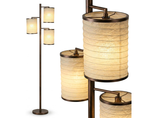 Brightech Liam Tall Tree Lamp with Asian Lantern Shade for Living Rooms and Offices - Standing Lamp with 3 LED Bulbs for Bedroom Reading - Bronze