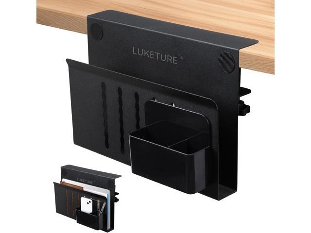 LUKETURE Desk Side Storage, Steel Side Desk Organizer, No Drill Laptop Holder, Clamp on Laptop Mount with Pen Holder, Table Hanging Storage for.