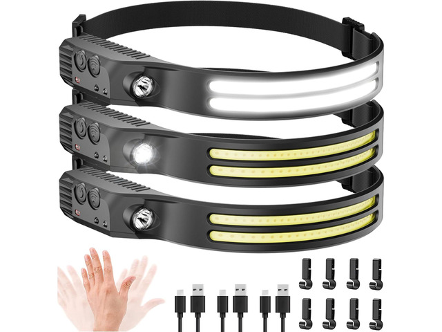 Beccason 3Pack LED Headlamp Rechargeable - 230° COB Super Bright Head Lights for Forehead, Hard hat Light for Adults, USB C Headband Flashlight for...