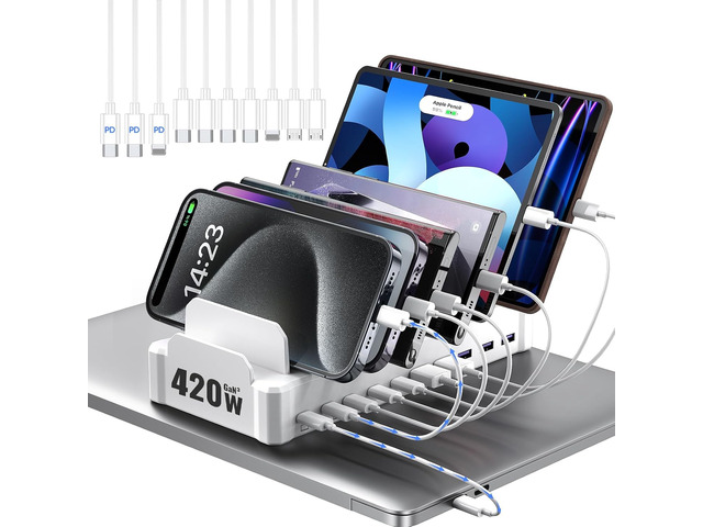 420W Charging Station for Multiple Devices, Zobirez 10-Port USB C Fast Charger Stations for MacBook, iPhone, Android Cell Phone, iPad, Tablet,...