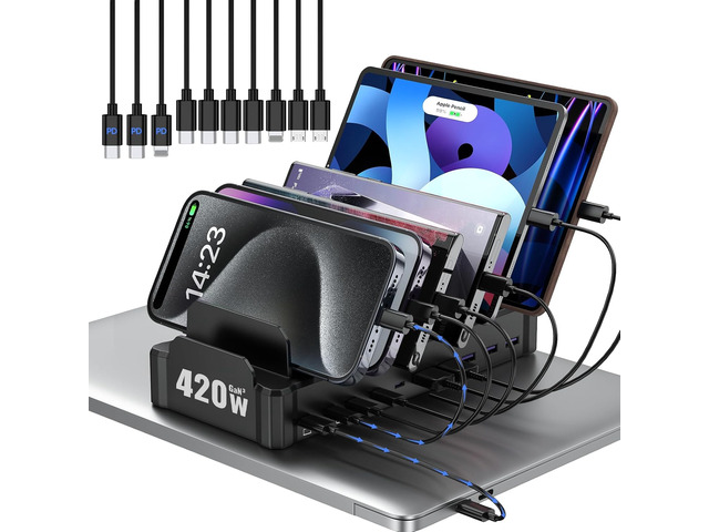 420W Charging Station for Multiple Devices, Zobirez 10-Port USB C Fast Charger Stations for MacBook, iPhone, Android Cell Phone, iPad, Tablet,...