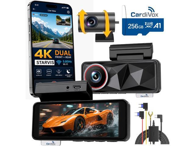 CardiVox - 4k Dual Dash Cam Front and 2k Rear, Sony STARVIS Night Vision Dash Camera ADAS, WiFi GPS, Parking Mode, 256GB Included - Black