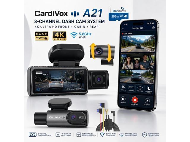 CardiVox A21 3 Channel Dash Cam 4K+2.5K+2.5K Sony STARVIS 2 GPS WiFi ADAS Free 256GB