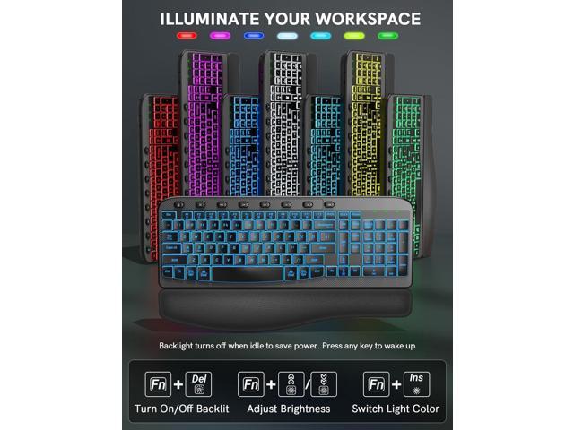 SABLUTE Ergonomic Wireless Keyboard and Mouse Combo - Wave Keyboard with Soft Leather Wrist Rest, Resistant Keys, RGB Backlit Rechargeable Set for...