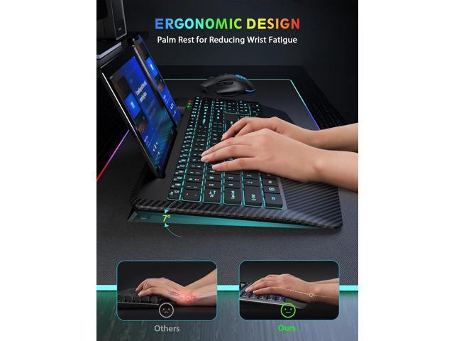 Wireless Keyboard and Mouse Backlits, Wrist Rest, LED Mouse, Rechargeable Ergonomic Keyboard with Phone Holder, Silent Light Up Combo for Computer,...