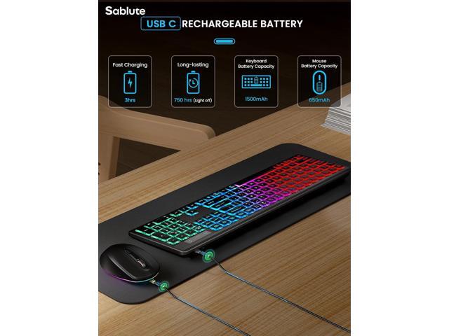 SABLUTE Wireless Keyboard and Mouse Backlit, Quiet Light Up Keys, Tilt Legs, Sleep Mode - Rechargeable USB Cordless Combo for Computer, iMac, PC,...