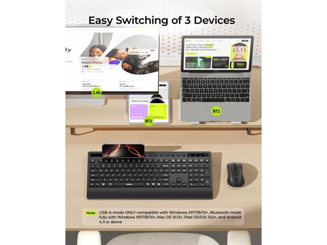 seenda Bluetooth Keyboard and Mouse Combo, Multi-Device Ergonomic Keyboard Mouse with Phone Holder, Full Size Wireless Quiet Combo Compatible for...