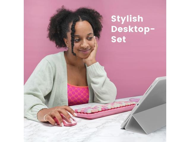Perixx PERIDUO-802PK Bluetooth Mini Keyboard and Mouse Combo - Retro Round Key Caps - Pastel Pink - US English