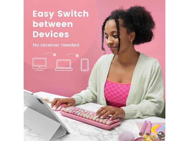 Perixx PERIDUO-802PK Bluetooth Mini Keyboard and Mouse Combo - Retro Round Key Caps - Pastel Pink - US English