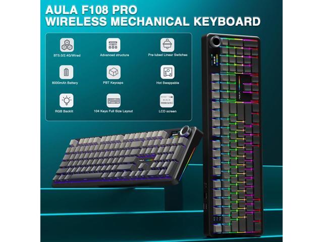 AULA F108 PRO - Wireless Mechanical Keyboard with Screen & Knob,Full Size Keyboard with 8000mAh Battery,Pre-lubed Switches,Side Printed PBT...