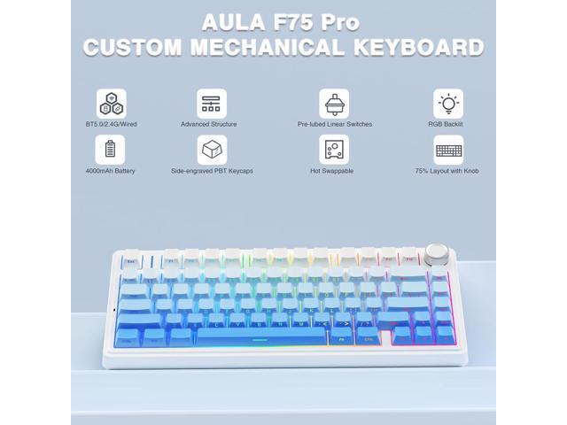 AULA F75 Pro Wireless Mechanical Keyboard,75% Hot Swappable Custom Keyboard,RGB Backlit,Pre-lubed Linear Switches,Side Printed PBT Keycaps...