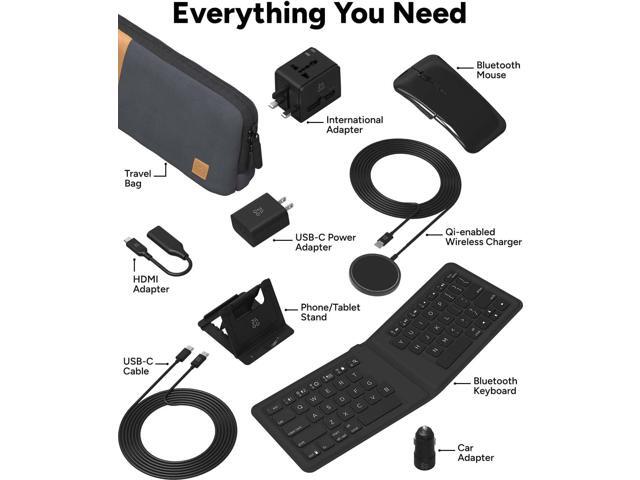 ZAGG Desktop Essentials International Travel Kit - International Power Adapter, Foldable Bluetooth Keyboard, Mouse, Wireless Charger, USB C...