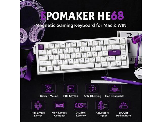 EPOMAKER HE68 Hall Effect Keyboard, 8000hz Polling, 0.01mm Adjustable Trigger, 0.125ms Latency, Creamy Gasket, Snap Key, SOCD, RGB, Wired Magnetic...