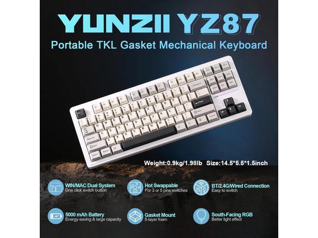 YUNZII YZ87 Gasket Mechanical Keyboard,TKL Wireless Hot Swappable with 5-Layer Padding, BT5.0/2.4G/USB-C NKRO RGB Backlit for Win/Mac(White, Milk...