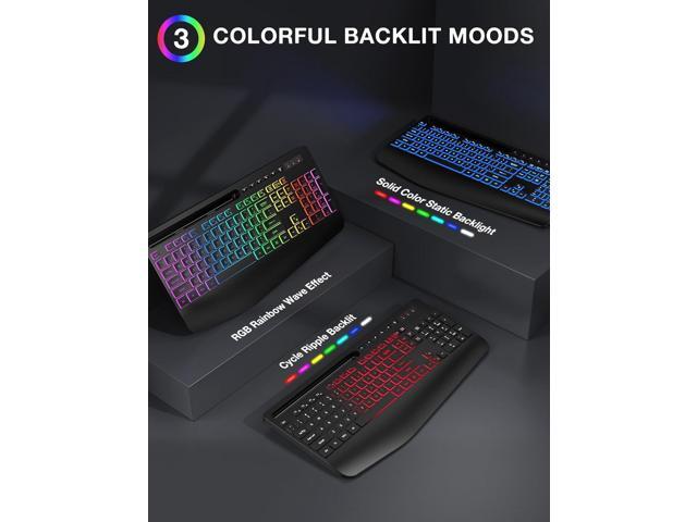 Wireless Keyboard and Mouse Combo - 9 Backlit Effects, RGB, Ergonomic Wrist Rest, Phone Holder, 2.4G Full Size, Rechargeable, Sleep Mode, Quiet...
