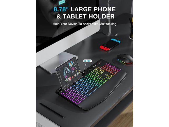Wireless Keyboard and Mouse Combo - 9 Backlit Effects, RGB, Ergonomic Wrist Rest, Phone Holder, 2.4G Full Size, Rechargeable, Sleep Mode, Quiet...