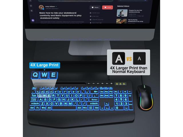 Wired Keyboard Mouse Combo - Large Print Backlit, Ergonomic Wrist Rest, 6 DPI RGB for PC/Windows - Ideal for Seniors, Students, Office and Home...