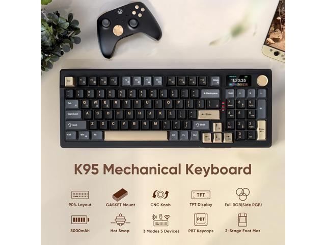 RedThunder K95 Wireless Mechanical Keyboard, TFT Screen & Knob, Tri-Mode BT5.0/2.4GHz/USB-C Hot Swappable Custom, Pre-lubed Linear Pink Switches,...