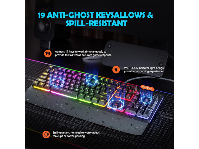 Wired Gaming Keyboard,RGB Light Up Keyboard with Wrist Rest,104Keys All Metal Panel Rainbow Backlit for Gaming,Silent Computer with Multimedia...