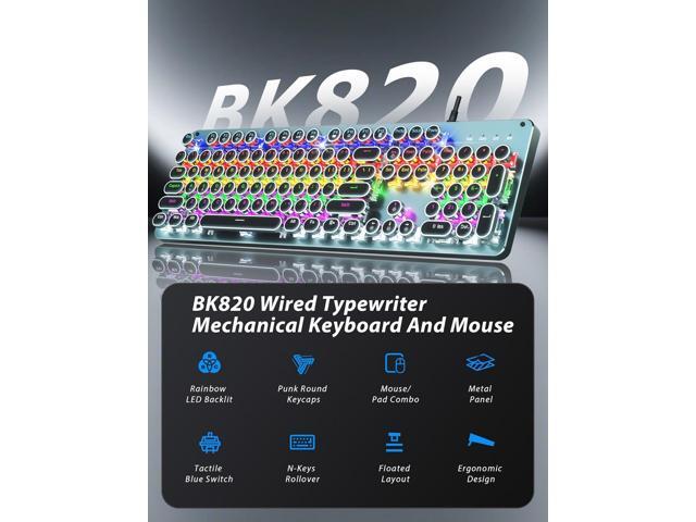 Typewriter Style Mechanical Gaming Keyboard Blue Switch, Rainbow LED Backlit Wired Computer Keyboards Mouse and Pad Combo, Metal Panel Retro Punk...