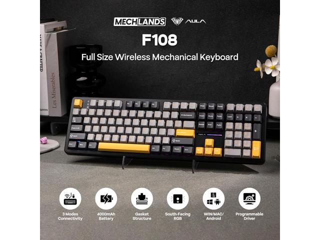 MechLands Aula F108 100% Wireless Gaming Keyboard, Full Size Custom Gasket Mechanical Keyboard, 4000mAh Battery, Programmable 108 Keys,...