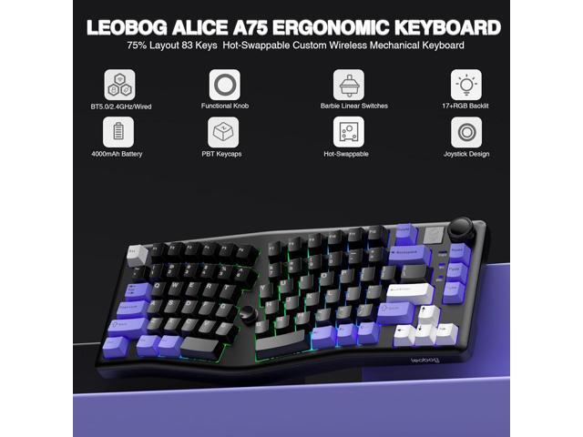 x LEOBOG A75 Alice Ergonomic Keyboard, Wireless Mechanical Gaming Keyboard Tri-Mode BT5.0/2.4G/Wired with Joystick and Knob, 75% Layout RGB Backlit...