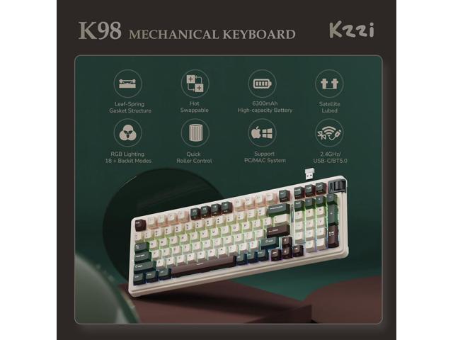 KZZI K98 Wireless Mechanical Keyboard, Triple Mode BT/2.4G/USB-C Custom RGB Backlit Gaming Keyboard, Gasket Structure, Pre-lubed Hot Swappable...