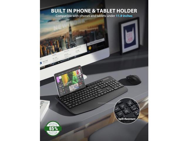 Wireless Keyboard and Mouse Combo - Full-Sized Ergonomic Keyboard with Wrist Rest, Phone Holder, Sleep Mode, Silent 2.4GHz Cordless Keyboard Mouse...