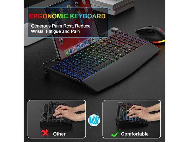 BlueFinger Wireless Keyboard and Mouse Combo Backlit, 2.4G Rechargeable Ergonomic Gaming Keyboard with Wrist Rest, Phone Holder, Volume Knob,...