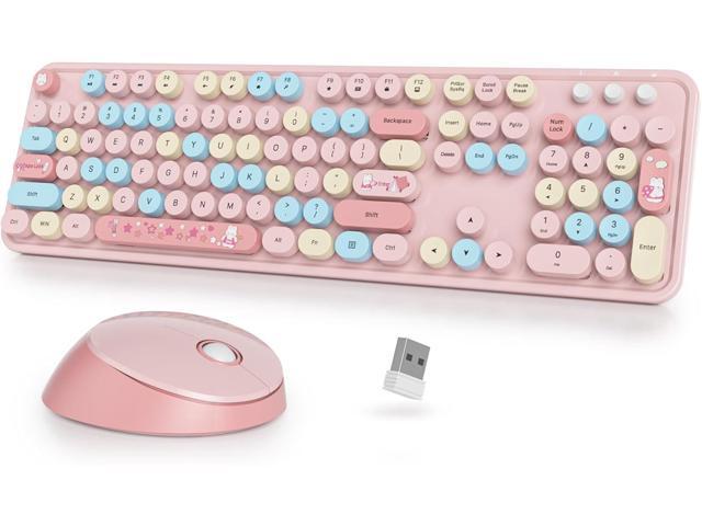 Cute Pink Keyboard and Mouse Combo Wireless, 2.4G Full Size 104-Key Retro Typewriter Keyboards Round Keys for Students Teenagers Home Office PC...