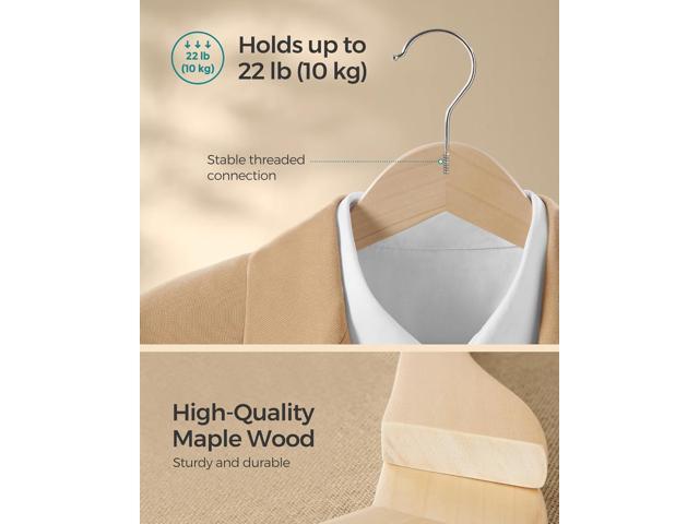 SONGMICS Wooden Hangers, Pack of 24, Coat Hangers, Non-Slip, Pants Bar, 360° Swivel Hooks, for Jackets, Shirts, Coats, Natural Beige UCRW010N24