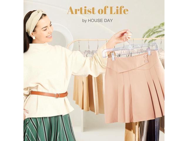 HOUSE DAY 12 Pack 14 inch Clear Plastic Skirt Hangers with Adjustable Clips, Pants Hangers 360-Rotating Swivel Hook, Clip Hangers for Pants,...
