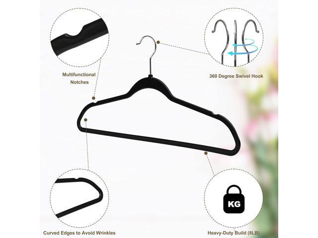 Quality Hangers 50 Pack Slim Plastic Hangers for Clothes - Heavy Duty Non-Velvet Black Hangers with 360° Swivel Chrome Hook & Non Slip Notches -...