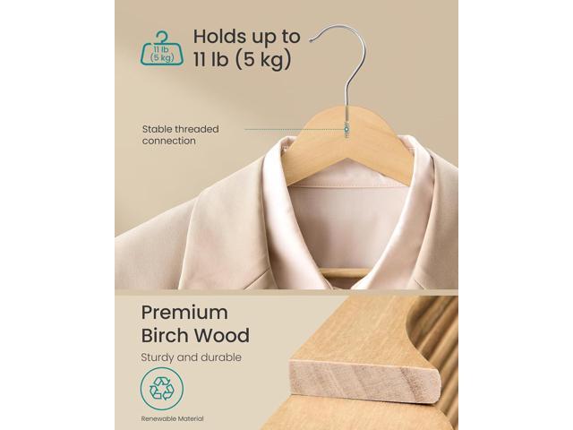 SONGMICS Wooden Hangers, Pack of 30, Coat Hangers, Pants Bar, 360° Swivel Hooks, Solid Birch Wood, Space Saving, for Jackets, Shirts, Coats,...