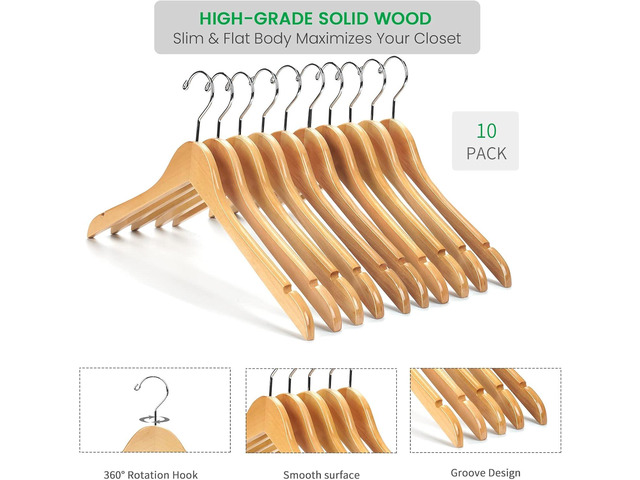 Nature Smile Wooden Coat Hangers Wood Shirt Dress Jacket Clothes Hangers with Extra Smooth Finish, 360 Degree Swivel Hook(10pcs Natural)