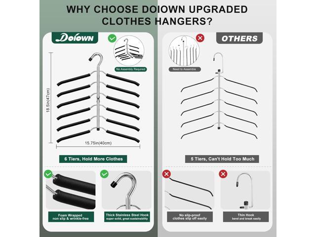 DOIOWN Space Saving 6 Tier Coat Hangers - Non Slip Foam Padded, Black Metal Sweater & T Shirt Hangers for Men & Women, 2 Pack Closet Organizers