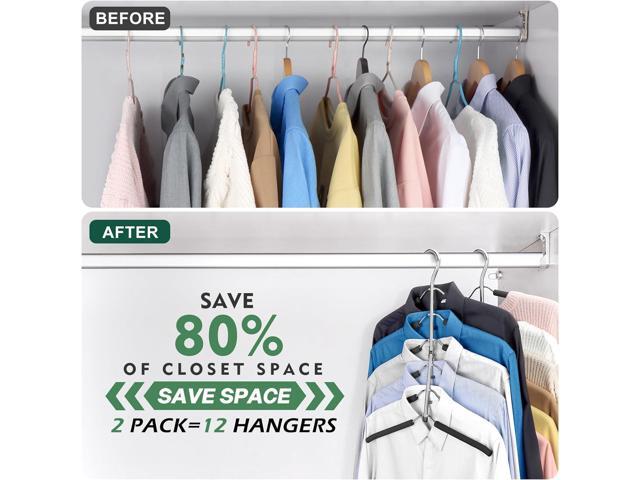 DOIOWN Space Saving 6 Tier Coat Hangers - Non Slip Foam Padded, Black Metal Sweater & T Shirt Hangers for Men & Women, 2 Pack Closet Organizers